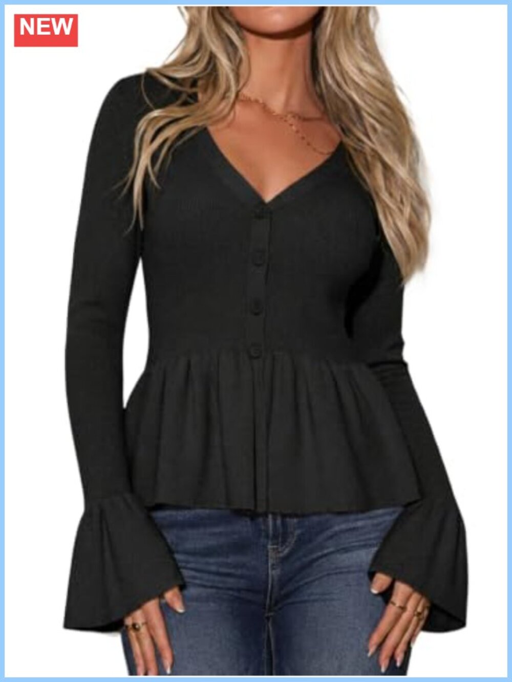 Womens Lightweight V Neck Long Sleeve Peplum Cardigan Sweater